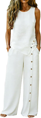 Linen Sets for Women 2 Piece Button Sleeveless Tank Tops with Wide Leg Pants Matching Set Casual Beach Outfits