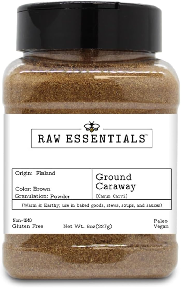 Raw Essentials Ground Caraway Seeds - Warm & Earthy Flavor - Great for Baked Goods, Stews, Soups, & Sauces - 8 Ounce Bottle