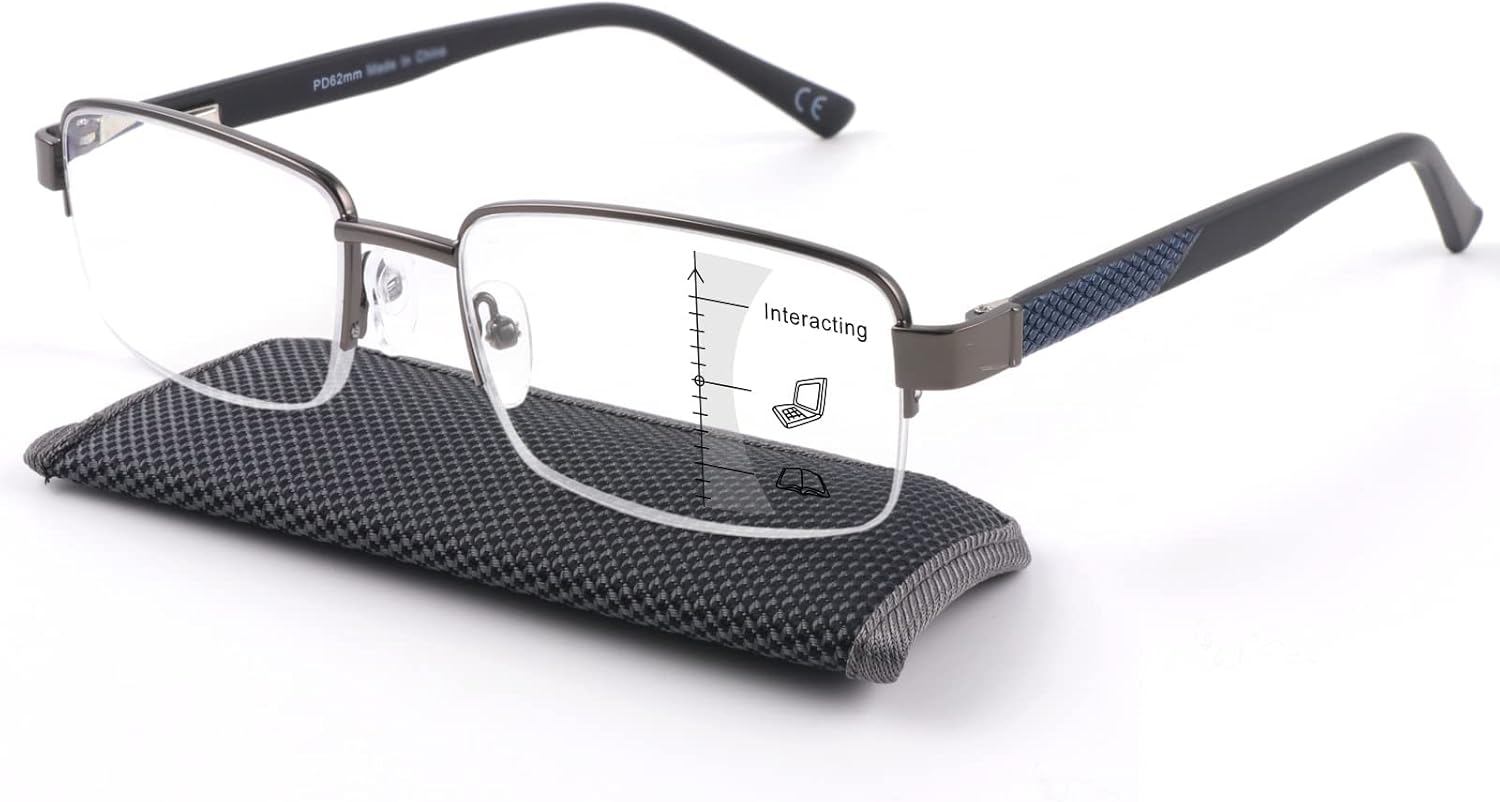 Missfive Men Premium Multifocus Reading Glasses Blue Light Blocking, Progressive Metal Frame With No Broken Spring Hinge Multifocal Readers Computer Eyewear,Workspace For Near Range 2.5x