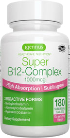 Igennus Sublingual Vitamin B12 Complex 1000mcg, Methylated Methylcobalamin, Adenosylcobalamin & Hydroxocobalamin, High Absorption & Clean, 180 Servings, Sugar-Free & Vegan