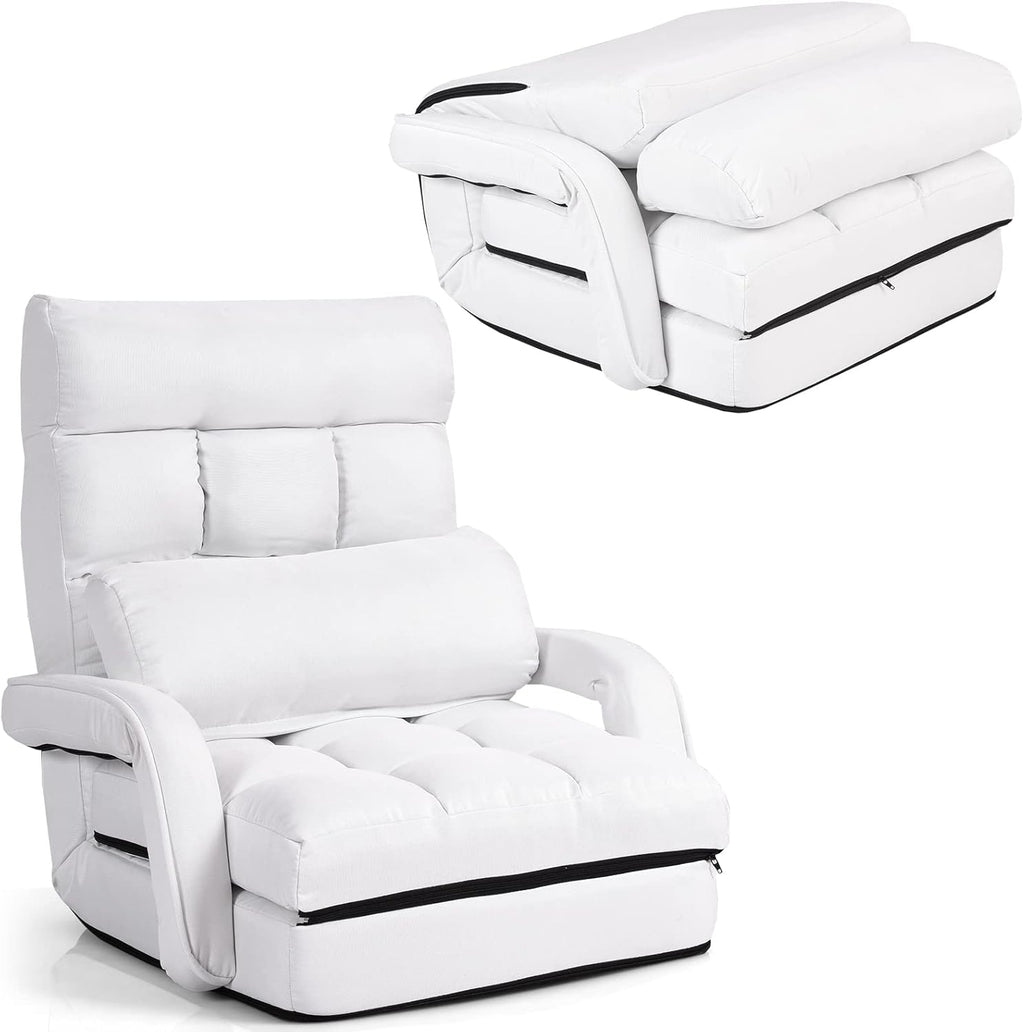 S AFSTAR Indoor Chaise Lounge Sofa, Folding Lazy Sofa Floor Chair with 6-Position Adjustable Backrest Lumbar Pillow, Folding Padded Lounger Bed with Armrests, Assembly-Free (White)