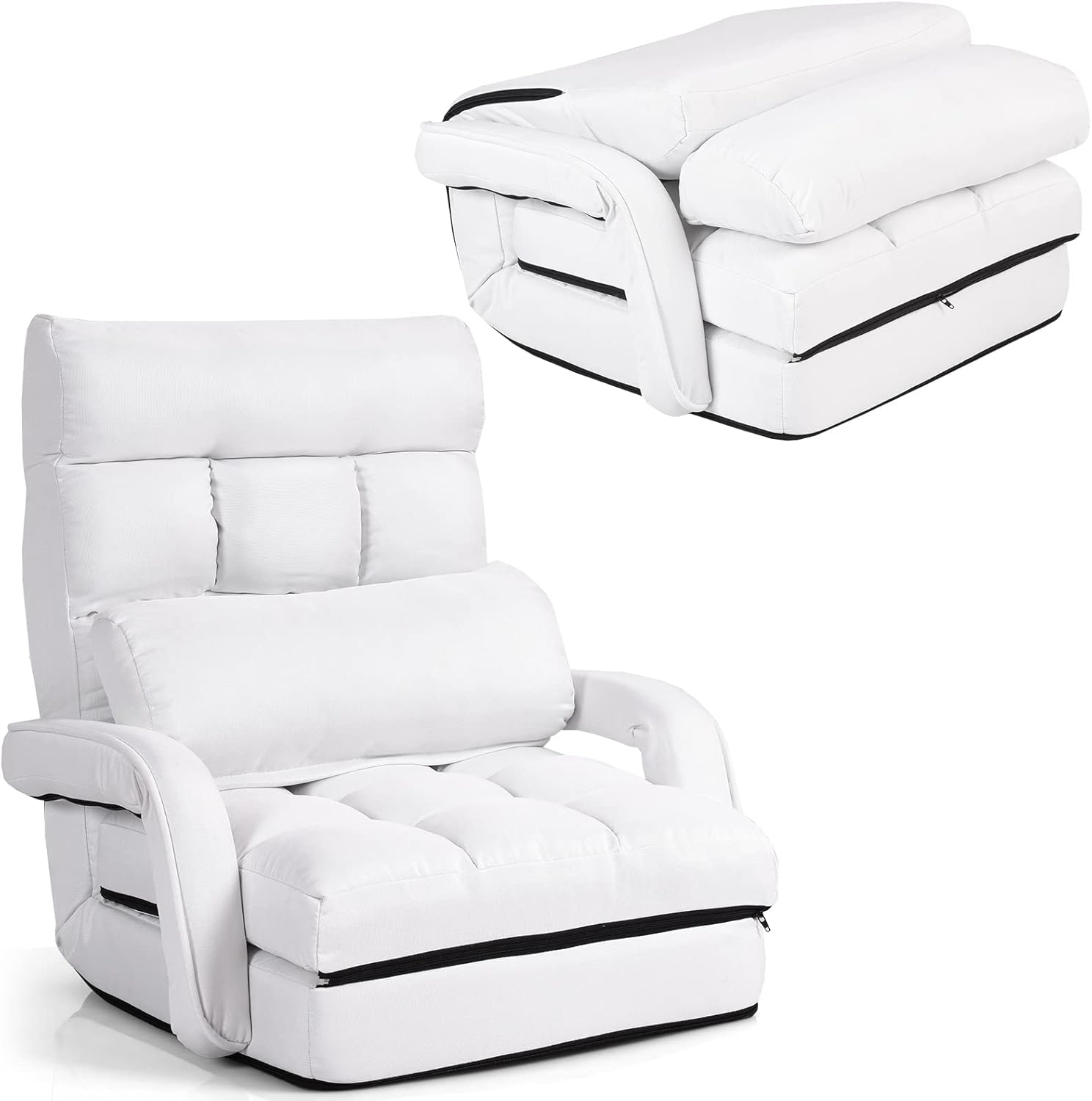 S AFSTAR Indoor Chaise Lounge Sofa, Folding Lazy Sofa Floor Chair with 6-Position Adjustable Backrest Lumbar Pillow, Folding Padded Lounger Bed with Armrests, Assembly-Free (White)
