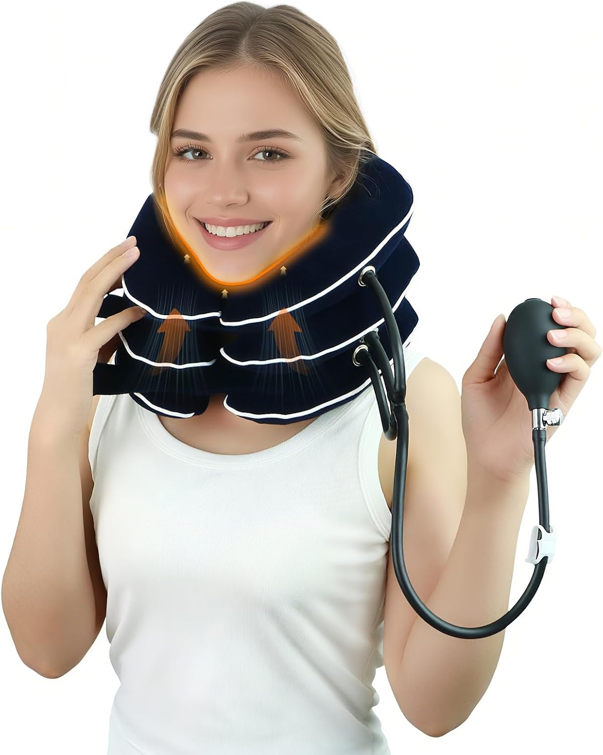 Cervical Neck Traction Device for Home Use Pain Relief,Neck Stretcher,Inflatable Support Neck Brace Adjustable,Neck Stress Relief&Relaxation Metal Valve TPU Liner with Air-Tightness(Blue)