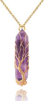 VIBILIA Healing Crystal Necklace Tree of Life Wire Wrapped Natural Stone Point Pendant Necklace Hexagonal Reiki Spiritual Quartz Gemstone Jewelry for Women Men