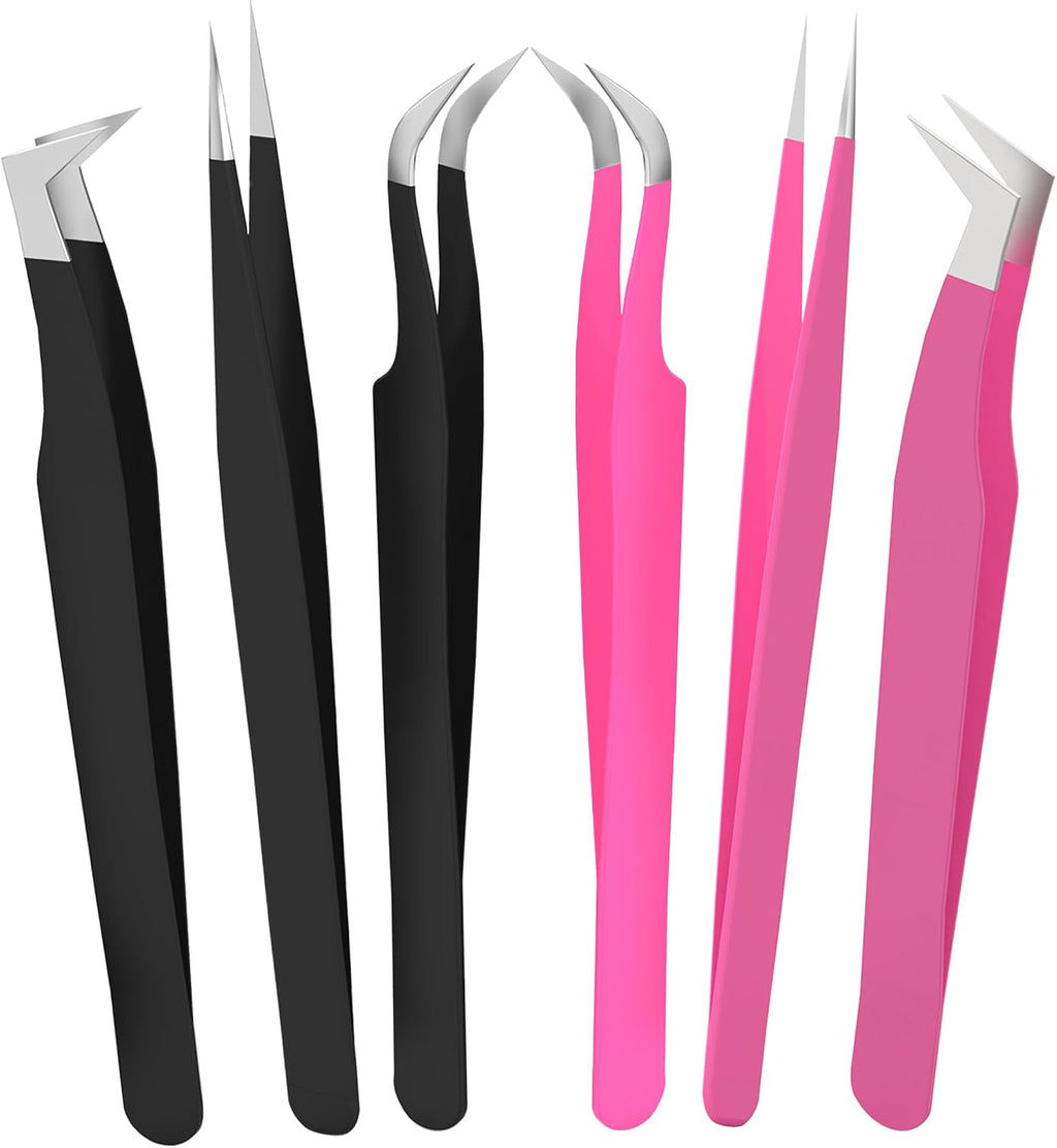 SIVOTE Lash Tweezers for Eyelash Extensions for Volume, Isolation & Classic Lashes, 6 Pack, Black & Pink