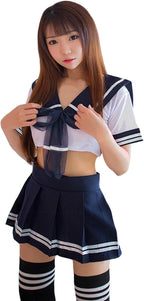 School Girl Cosplay Lingerie for Women Mini Sailor Outfit Costumes with Stockings Navy Blue
