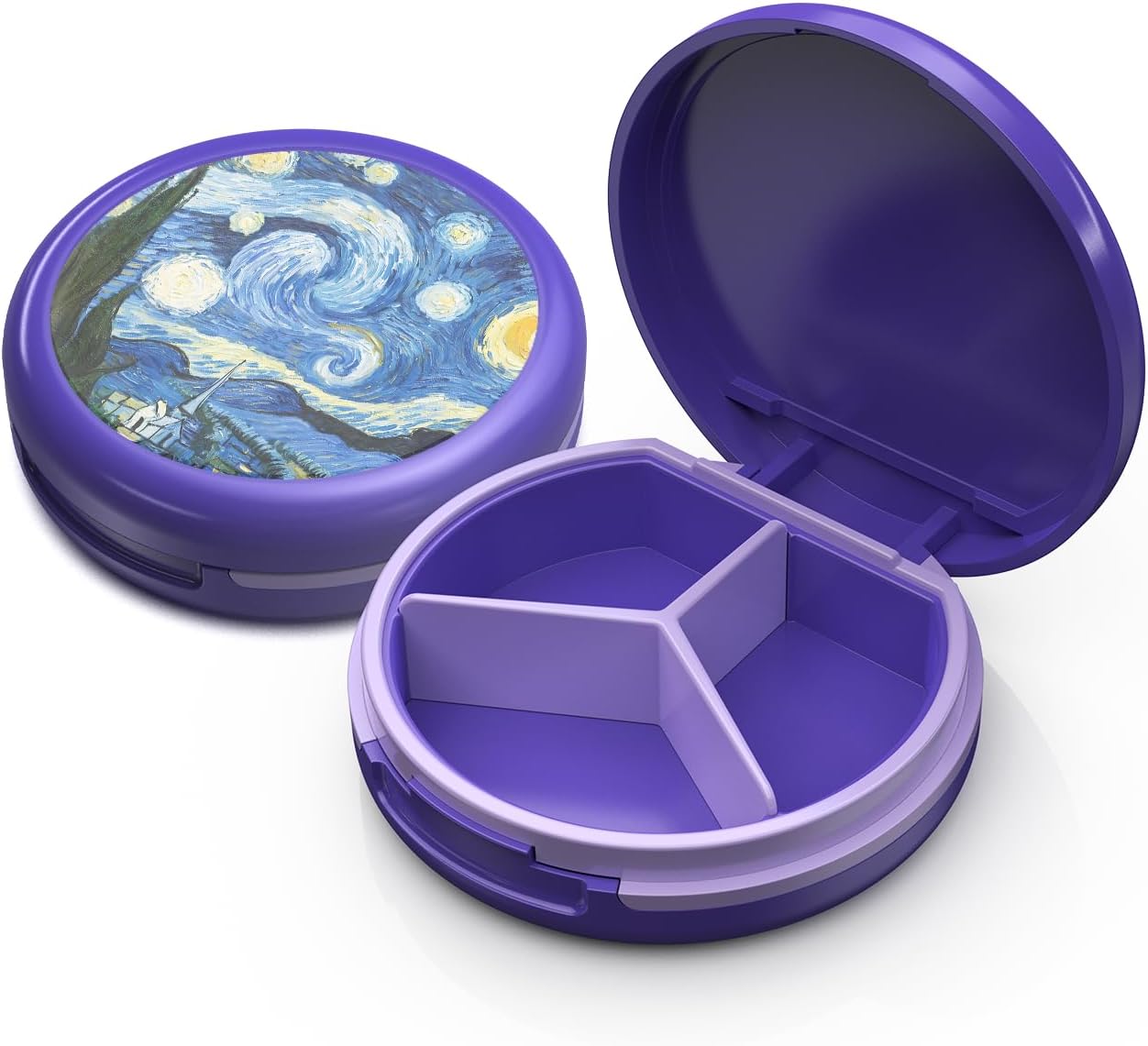 Serfeymi Small Pill Case for Purse, Unique Artistic Patterns Travel Pill Box with 3 Compartments, Portable Mini Pill Organizer for Pocket, Decorative Pill Container for Purse - Purple(StarryNight)