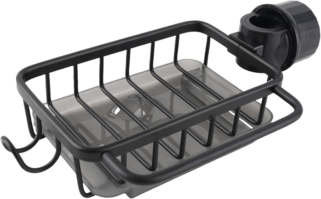 Buachois Sponge Holder for Kitchen Sink, Over Faucet Metal Basket with Drip Tray and Hanging Hook, Detachable Faucet Drain Rack for Soap Brush Rag (Black)
