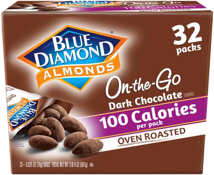 Blue Diamond Almonds Dark Chocolate Cocoa Dusted Snack Nuts, 100 Calorie Packs, (Pack of 1, 32 Count Toal)