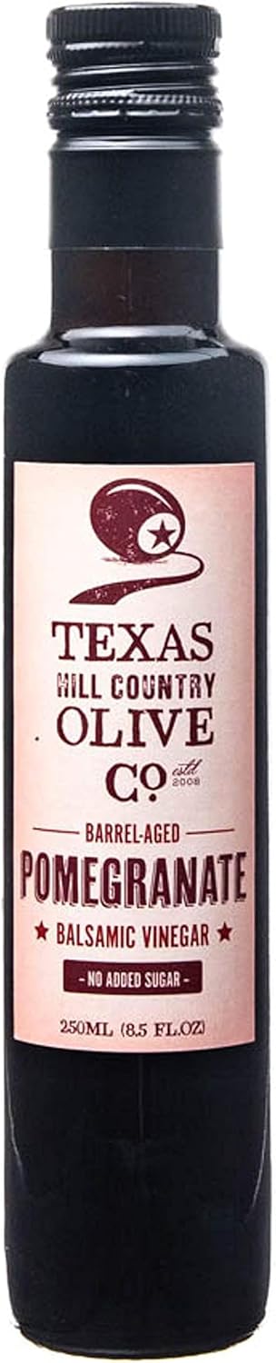 Pomegranate Balsamic Vinegar - Gourmet Barrel Aged Infused Balsamic Vinegar - Great for Dressing Dipping Glazing - No Artificial Flavors or Added Sugar - Made in Texas (8.5 oz)