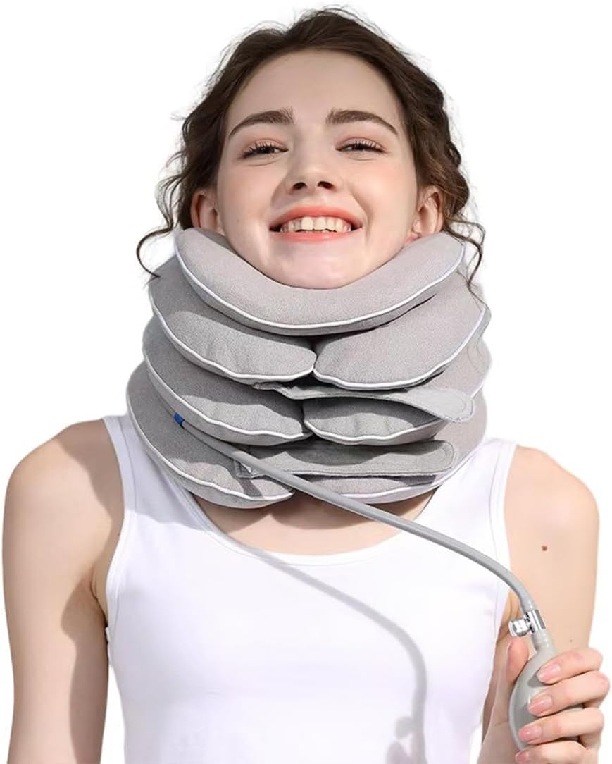 Neck Stretcher with Neck Brace,Cervical Traction Neck Device,Neck Relief Tool,Adjustable Inflatable Cervical Brace,Home Use Neck Decompression New Technology Breathable Fabric Washable&Colorfast(Gray)
