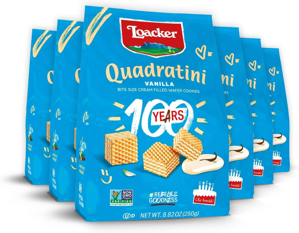 Loacker Quadratini Vanilla Wafer Cookies LARGE - 30% Less Sugar - Premium Crispy Bite Size Wafers - NON-GMO - LARGE Pack of 6