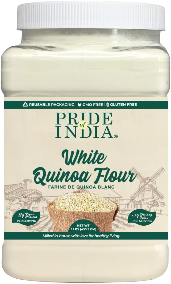 Pride of India- White Bolivian Quinoa Flour 1 lbs (454 gm) Nutty Earthy Taste Freshly Milled in Small Batches | Used for Baking Pizza Crust Thickening Agent Coating | Vegan, Gluten-Free