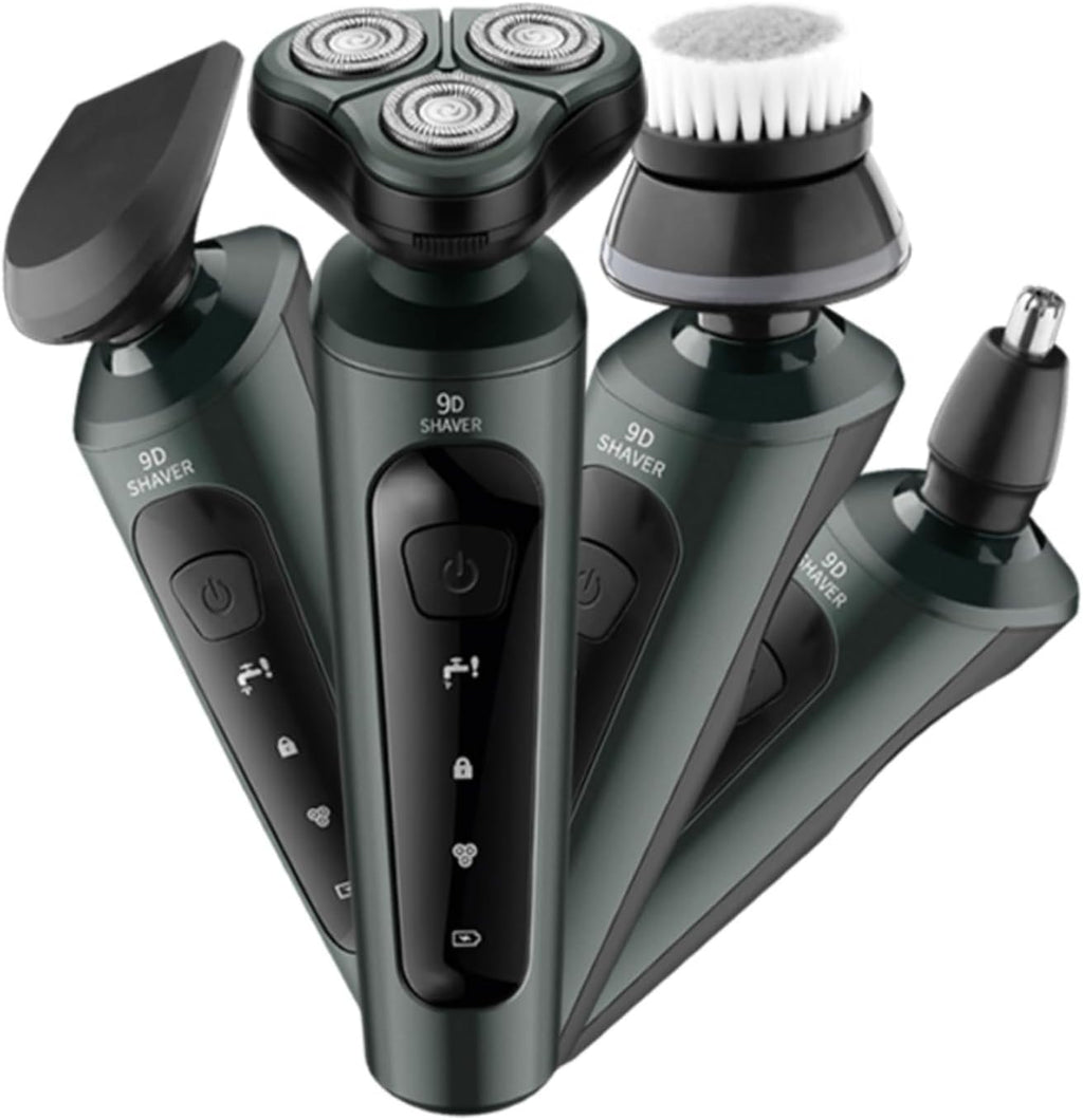 4-in-1 Electric Shaver for Men — Rechargeable, Equipped with Trimmer, Facial Cleansing Brush & Nose Hair Cutter, Full-Body Washable, Rotary 3-Blade System, 90 Minutes of Runtime