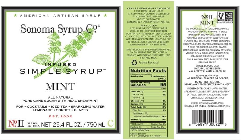 Sonoma Syrup Co. Mint Infused Simple Syrup 25.4 fl oz | for Coffee, Cocktails, and Cooking | Hand Crafted in the USA