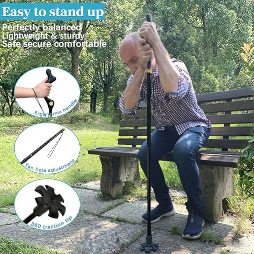 Walking Cane Foldable for Men & Women Seniors for Balance,Self Standing Folding,Height Adjustable Anti-Slip Lightweight Alloy Walking Stick for Travel Mobility Aid