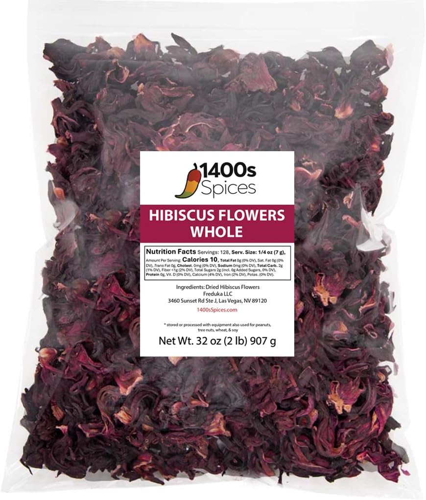 2lb Dried Hibiscus Flowers Bulk perfect for Tea and Mexican Agua Fresca, Flor de Jamaica, Zobo Sorrel Whole Flowers and Petals by 1400s Spices