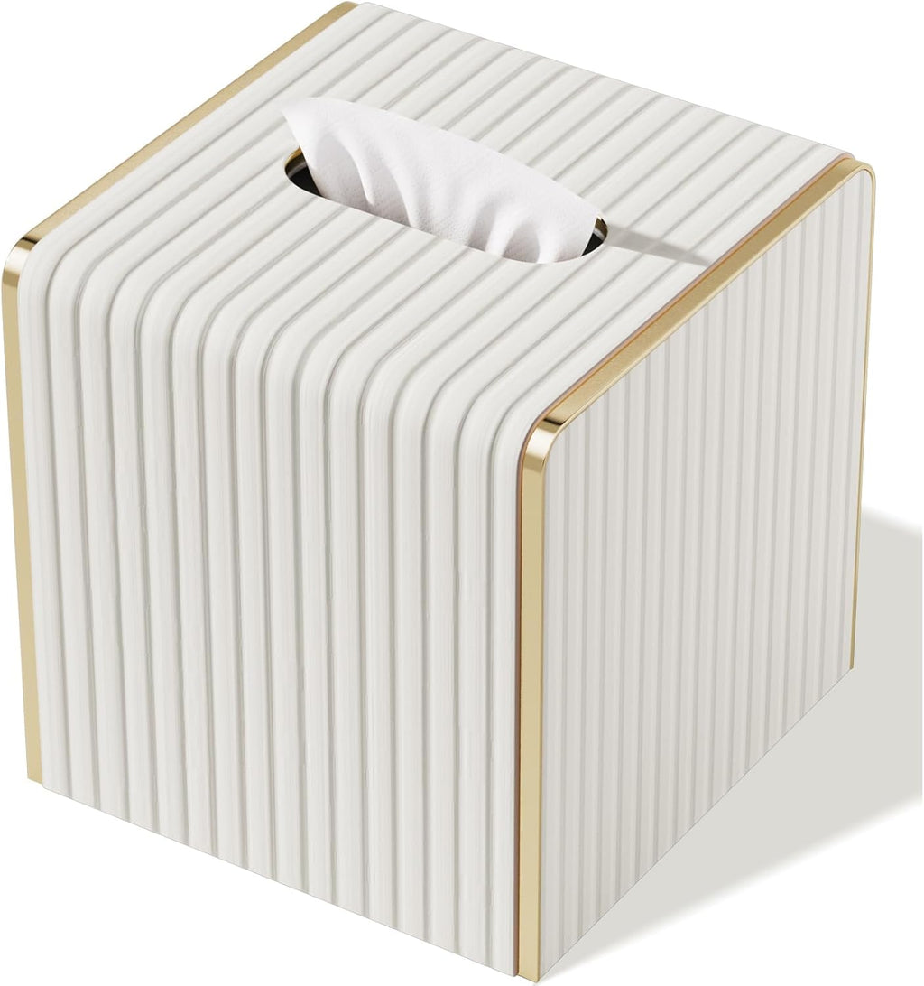 Tissue Box Cover,White Square Leather Tissue Box Holders with Gold-Tone Edging Decoration, Tissue Vessel for Bathroom Toilet Bedroom Living Room Table Desk Office,Modern Home Decor