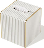 Tissue Box Cover,White Square Leather Tissue Box Holders with Gold-Tone Edging Decoration, Tissue Vessel for Bathroom Toilet Bedroom Living Room Table Desk Office,Modern Home Decor