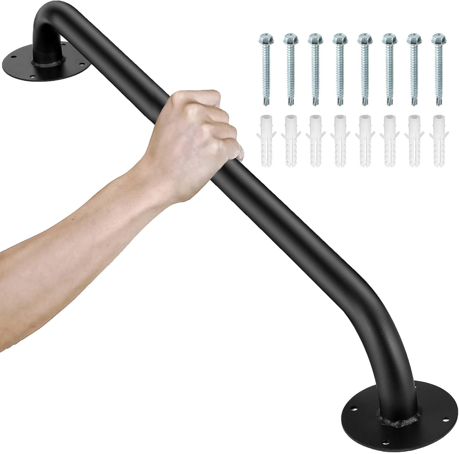 1 FT Pipe Stair Handrail, Black Metal Staircase Handrail, Galvanized Industrial Iron Hand Rail for Indoor Stairs and Wall Mount Support