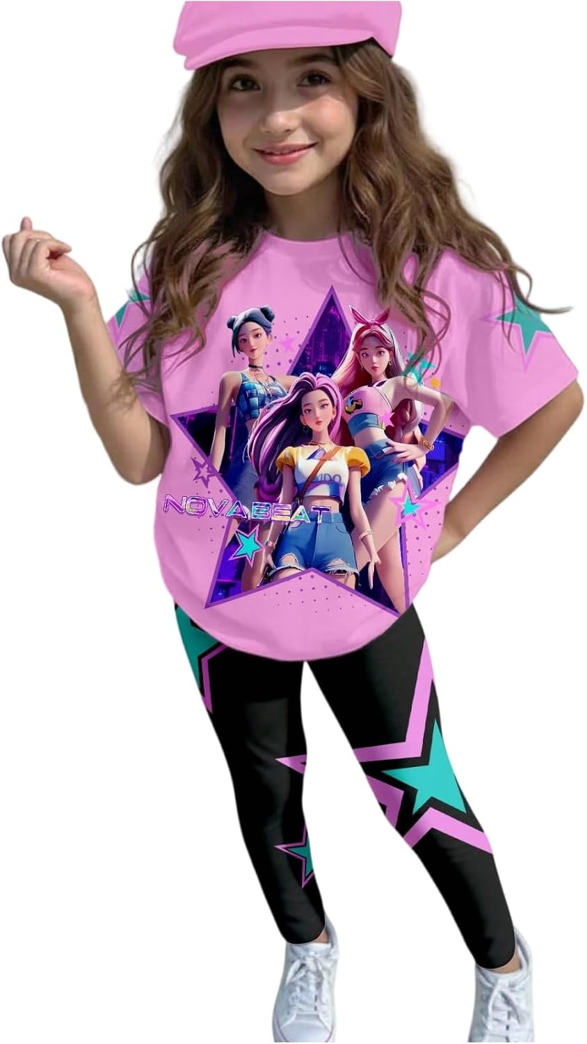 K-pop HUNTR/X T-Shirt+Pants Hunter Print Outfits Set for Unisex Kids Cartoon Adventure Y2K Short Sleeve Costume Sets