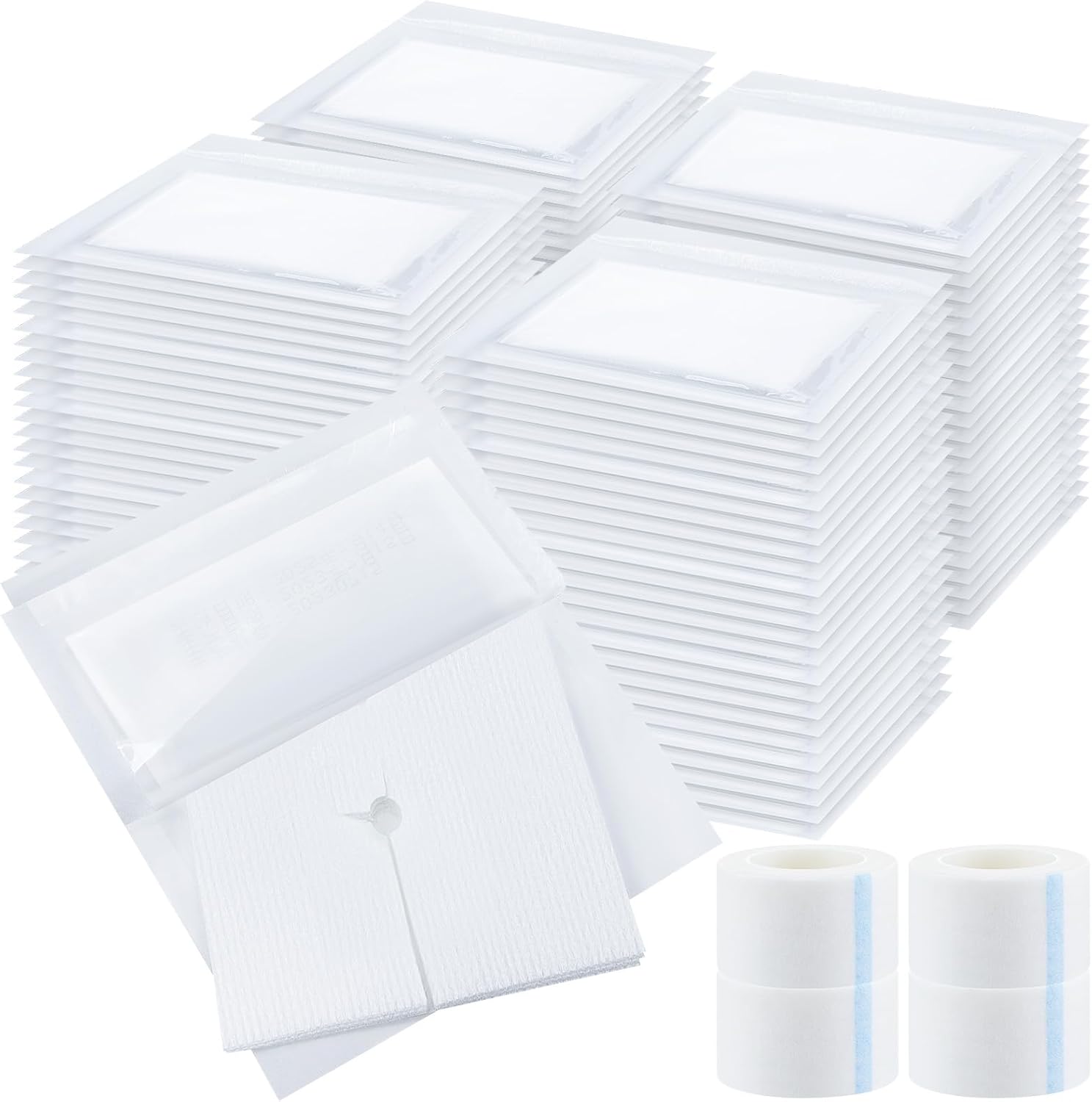 Timgle 200 Pcs 2" x 2" Split Gauze Pads 6 Ply Split Drain Sponge Gauze Non Woven Slit Bandage Sponges with 2 Roll of Tape for Wound Care Tubes Drains Supplies