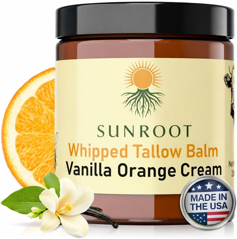 Whipped Tallow Balm, Vanilla Orange Cream Moisturizer, Natural Ingredients, Glass Jar, 2.85 oz, Face and Body Care