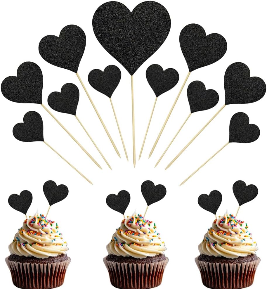 35 PCS Black Heart Cupcake Toppers Glitter Sweet Love Cupcake Picks Bridal Shower Party Decorations for Love Theme Wedding Engagement Birthday Valentine's Day Party Cake Decorations Supplies