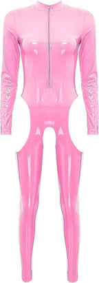 YiZYiF Women Sexy Hollow Out Latex Catsuit PVC Exotic Costume Lingerie Full Bodysuit Leotard Clubwear