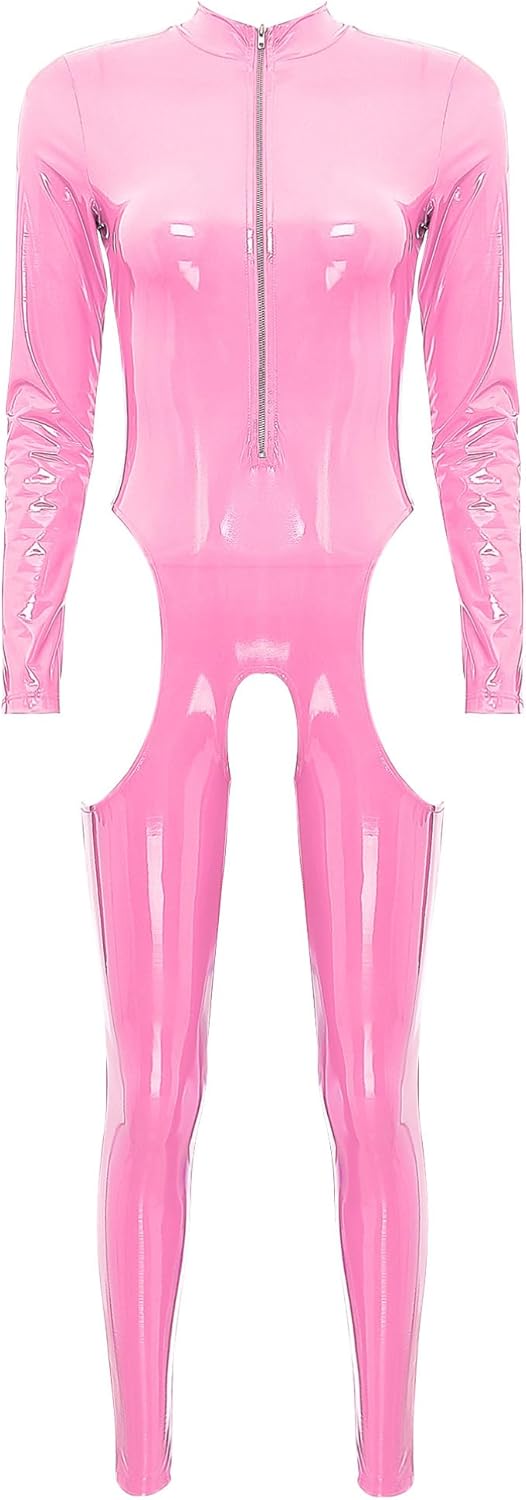 YiZYiF Women Sexy Hollow Out Latex Catsuit PVC Exotic Costume Lingerie Full Bodysuit Leotard Clubwear