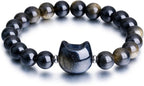 Beaded Bracelets for Women, Black Obsidian Money Attraction Bracelet, 8mm Healing Relax Anxiety Luck Crystal Bead Bracelets, Adjustable Jewelry Feng Shui Stretch Bracelet Cat Lover Gifts for Women Men