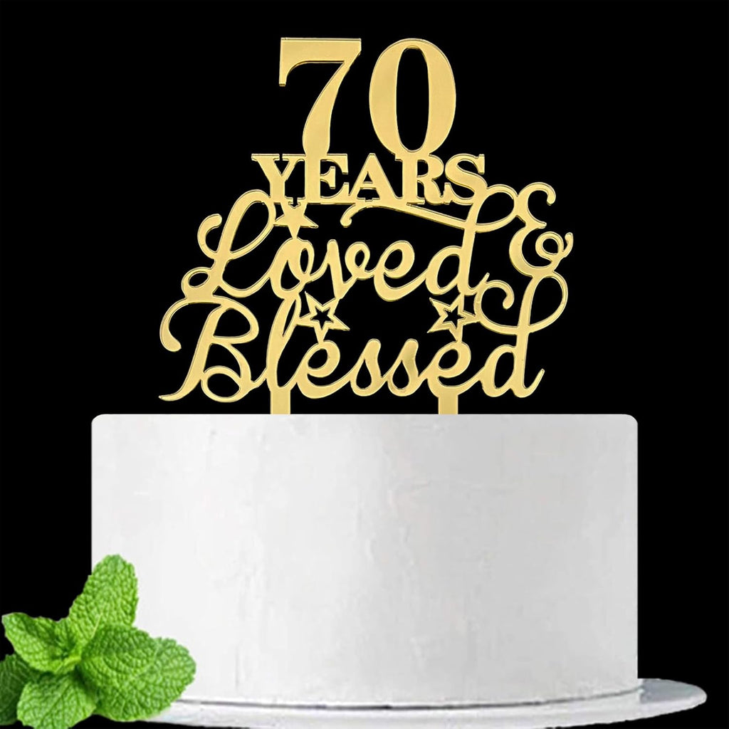 JIEEIN 70 Years Loved & Blessed Cake Topper - 70th Birthday, Wedding Anniversary Party Decorations - Mirror Gold Acrylic