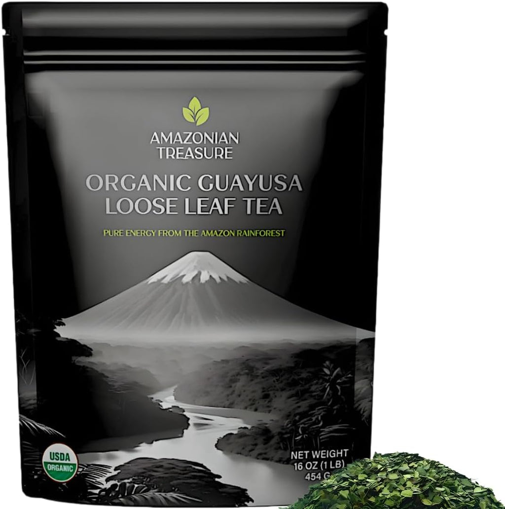 Amazonian Treasure Organic Guayusa Loose Leaf Tea, 16 OZ (1LB), Smooth Energy Boost, Alternative to Coffee & Yerba Mate, 60 mg Caffeine per Serving.