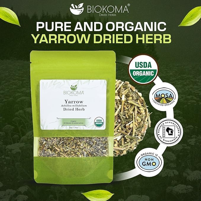 Biokoma Organic Yarrow Dried Herb 50g 1.76oz Dried Loose Achillea Millefolium Digestion Skin Health Support USDA Organic Caffeine Free Herbal Tea Resealable Pouch Pure No Preservatives No GMO Kosher