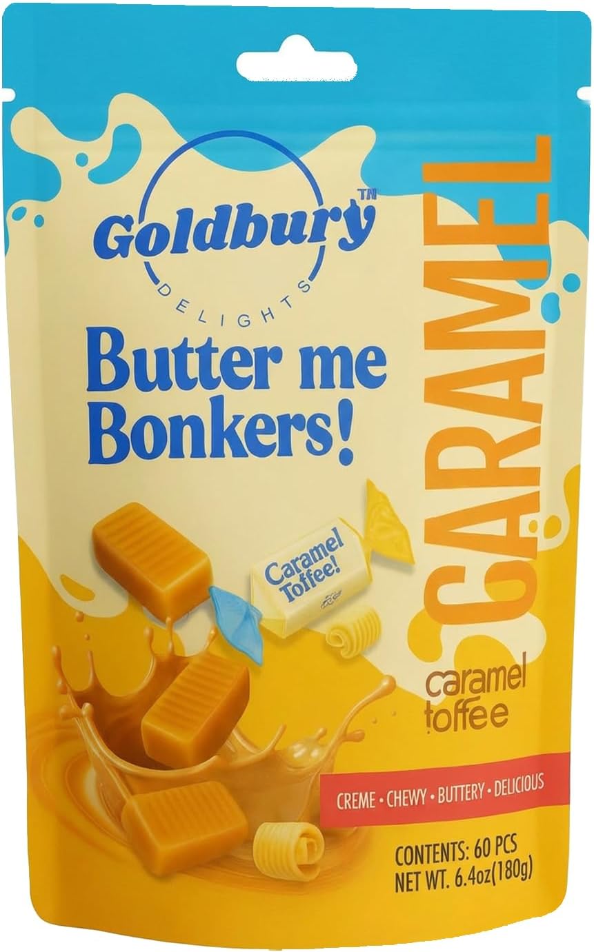 Goldbury Delights Butter Me Bonkers Caramel Toffee, 6.4 oz (Pack of 1) - Creamy, Buttery, & Delicious Individually Wrapped Chewy Caramel Toffee Candy, Ideal for Party Favors & Special Occasions