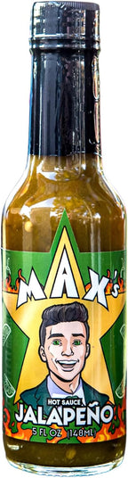 Max Flame-ous Jalapeño Hot Sauce - Earthy & Zesty | Mild 2/5 Heat | Perfect for Topping Eggs & Pork | Cooking | Best, Young, Unique Flavor, Tasty | Gift | 5 Fl Oz Glass Bottle