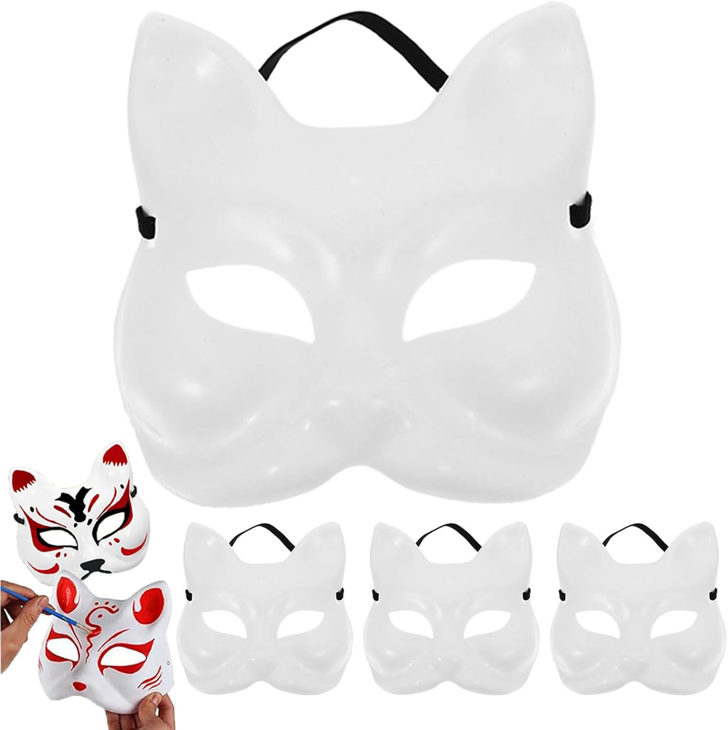 TENDYCOCO 4pcs Cat Mask DIY Blank Paintable Mask Fox Unfinished White Plastic Blank Craft Halloween Masquerade