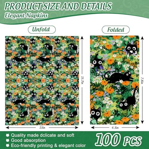 FYSUIMU 100 Pcs Guest Napkins Disposable Paper Napkin Flower Black Cat Dinner Hand Napkins for Kitchen Home Bathroom Party Supplies Table Decor