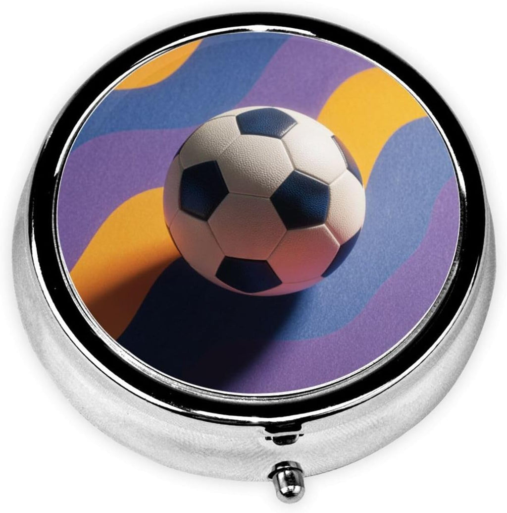 Soccer Ball On Color Wave Round Pill Case, Portable Pill Box for Pocket Metal Medicine Vitamin Organizer 3 Compartment Three Times A Day
