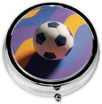 Soccer Ball On Color Wave Round Pill Case, Portable Pill Box for Pocket Metal Medicine Vitamin Organizer 3 Compartment Three Times A Day