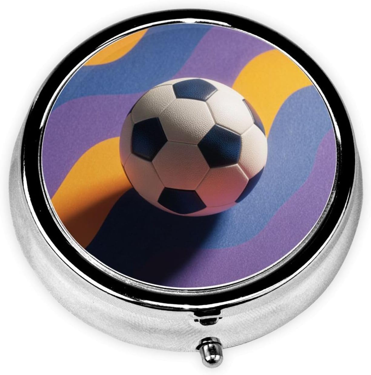 Soccer Ball On Color Wave Round Pill Case, Portable Pill Box for Pocket Metal Medicine Vitamin Organizer 3 Compartment Three Times A Day