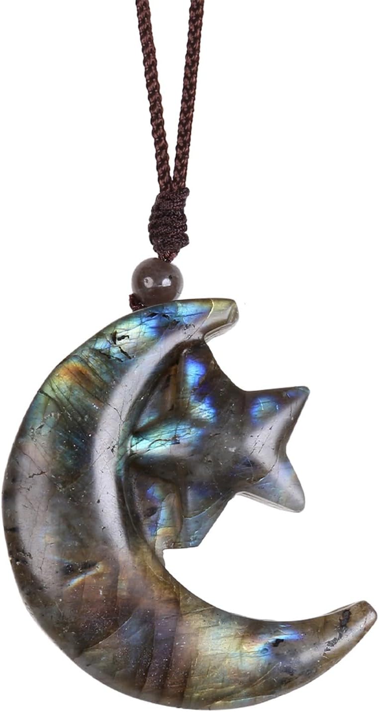 Nupuyai Hand-Carved Natural Labradorite Necklace for Unisex, Irregular Healing Labradorite Crystal Stone Pendant with Adjustable Cord, 18-31"