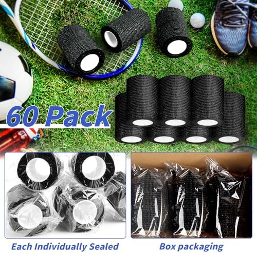 60 Pack Black Self Adhesive Bandage Wrap Bulk 3 Inch x 5 Yards Cohesive Bandage,Vet Wrap Breathable Elastic Self-Adherent Tape for Stretch Athletic Sports Wrist Ankle Dogs Pet Vet Wrap