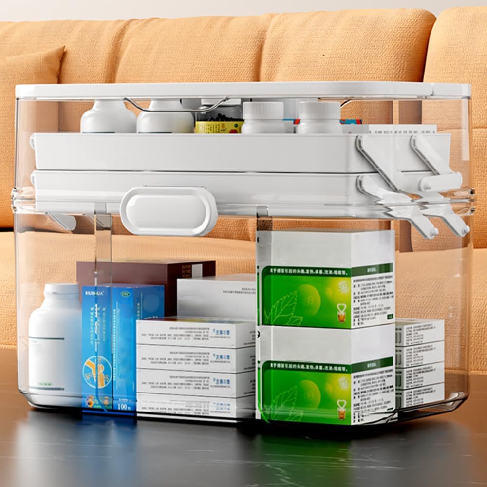 3-Tier 12 x 9 x 7 Medicine Organizer, Medicine Cabinet Organizer with Portable Pill Case, Multipurpose Plastic Box for Storage Empty First Aid Box