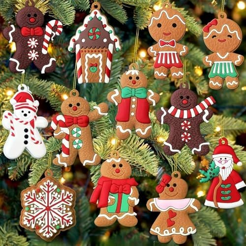 12pcs Christmas Gingerbread Hanging Ornaments, Cute Snowman & Santa Claus Figurines with Sugar Cookie House, Festive Xmas Tree Hanging Decor for Holiday Party and DIY Crafts