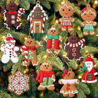 12pcs Christmas Gingerbread Hanging Ornaments, Cute Snowman & Santa Claus Figurines with Sugar Cookie House, Festive Xmas Tree Hanging Decor for Holiday Party and DIY Crafts