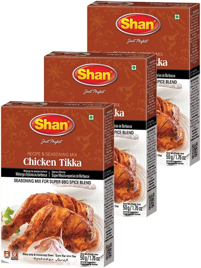 Shan Chicken Tikka Recipe and Seasoning Mix 1.76 oz (50g) - Spice Powder for Super BBQ Spice Blends - Suitable for Vegetarians - Airtight Bag in a Box (Pack of 3)