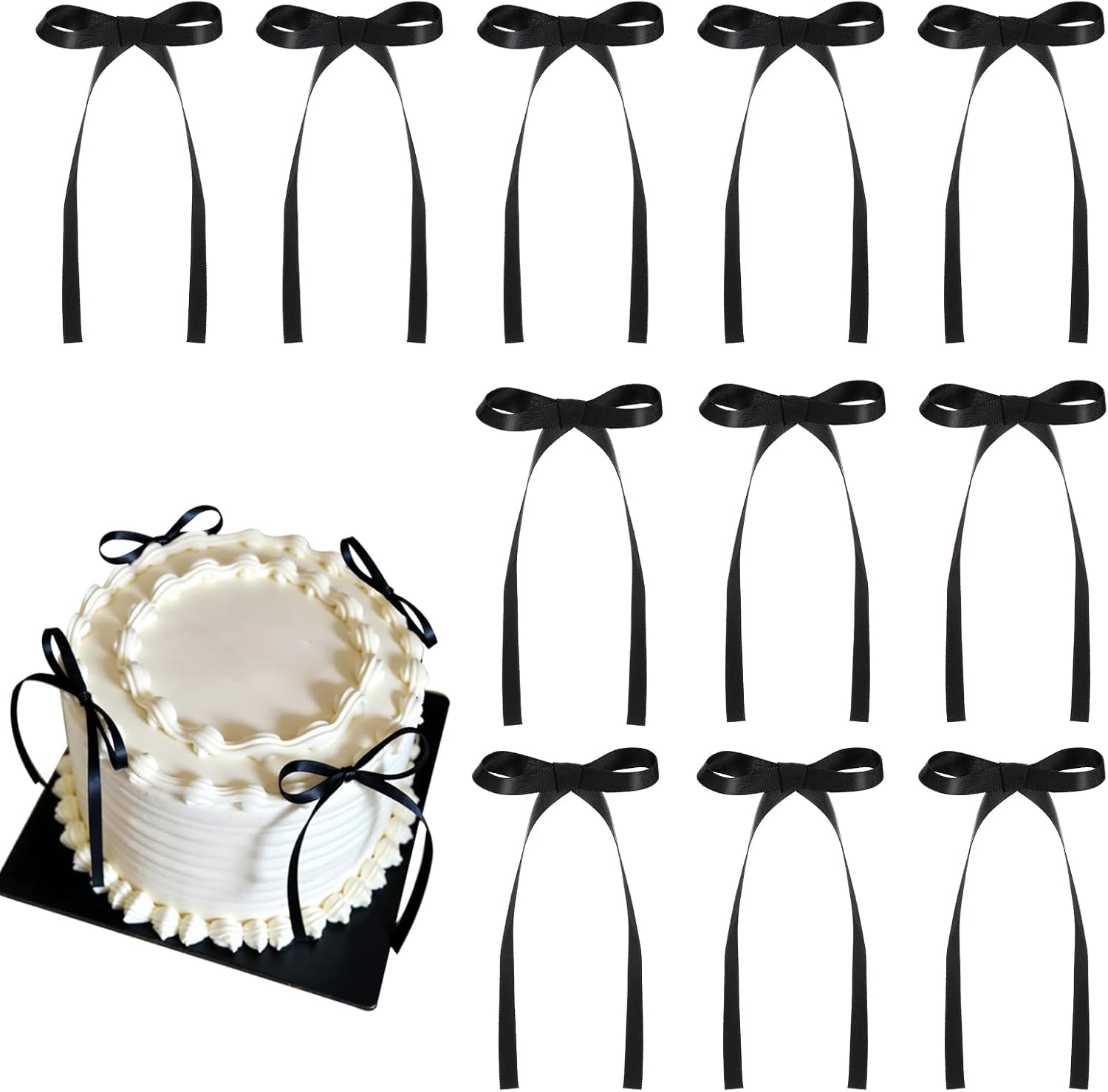30 Pack Bow Cake Toppers Black Ribbons Bows for Cake Coquette Themed Bow Cupcake Toppers Black Bow Birthday Decorations for Baby Shower, Birthday, Wedding, Bachelorette, Graduation Party Decoration