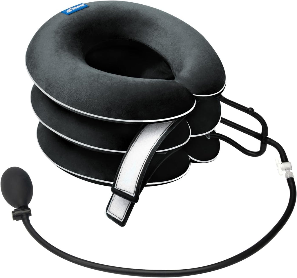 Cervical Neck Traction Device for Neck Pain Relief - Inflatable Neck Stretcher Collar for Decompression - Best Home Use Neck Brace Pump (Black Plush)