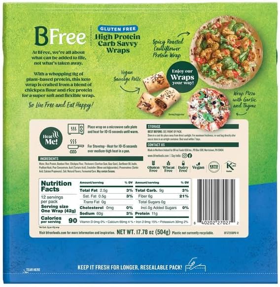 B-Free High Protein Carb Savvy Wraps (12 Count) – 11g Protein – Gluten Free, Vegan, Wheat-Free, Non-GMO